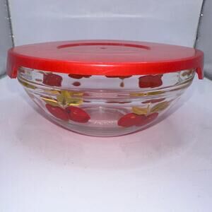 Vintage 1950’s Small Nesting Bowl With Apple Design and Red Lid